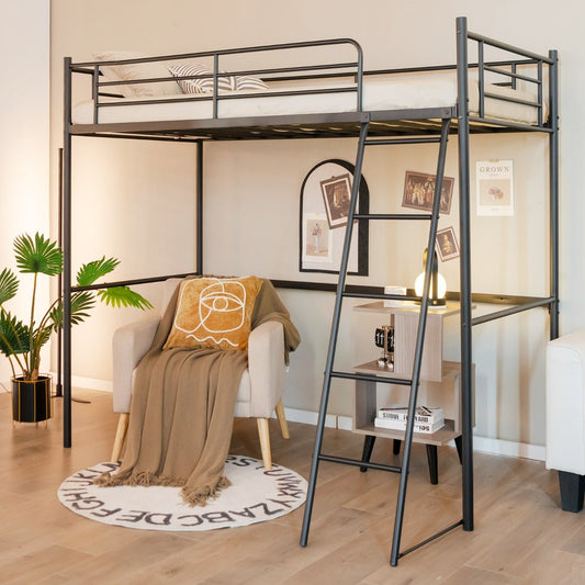 Steel loft bed with guard rails for safety in kids rooms, ideal for space-saving sleep solution.