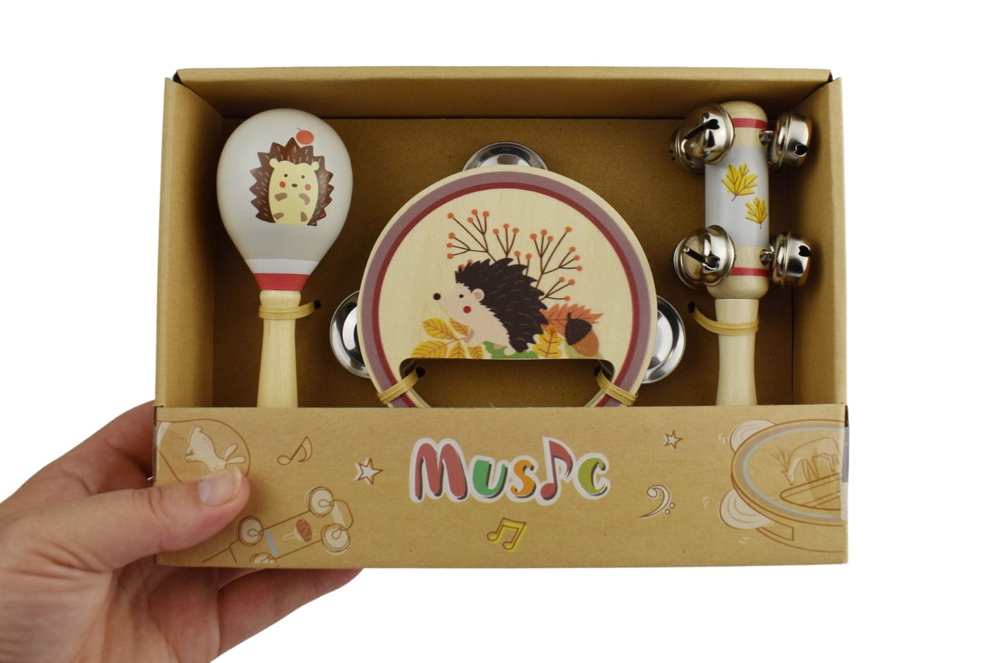 Wooden hedgehog-shaped 3-piece musical set for kids, perfect for creative play and learning.