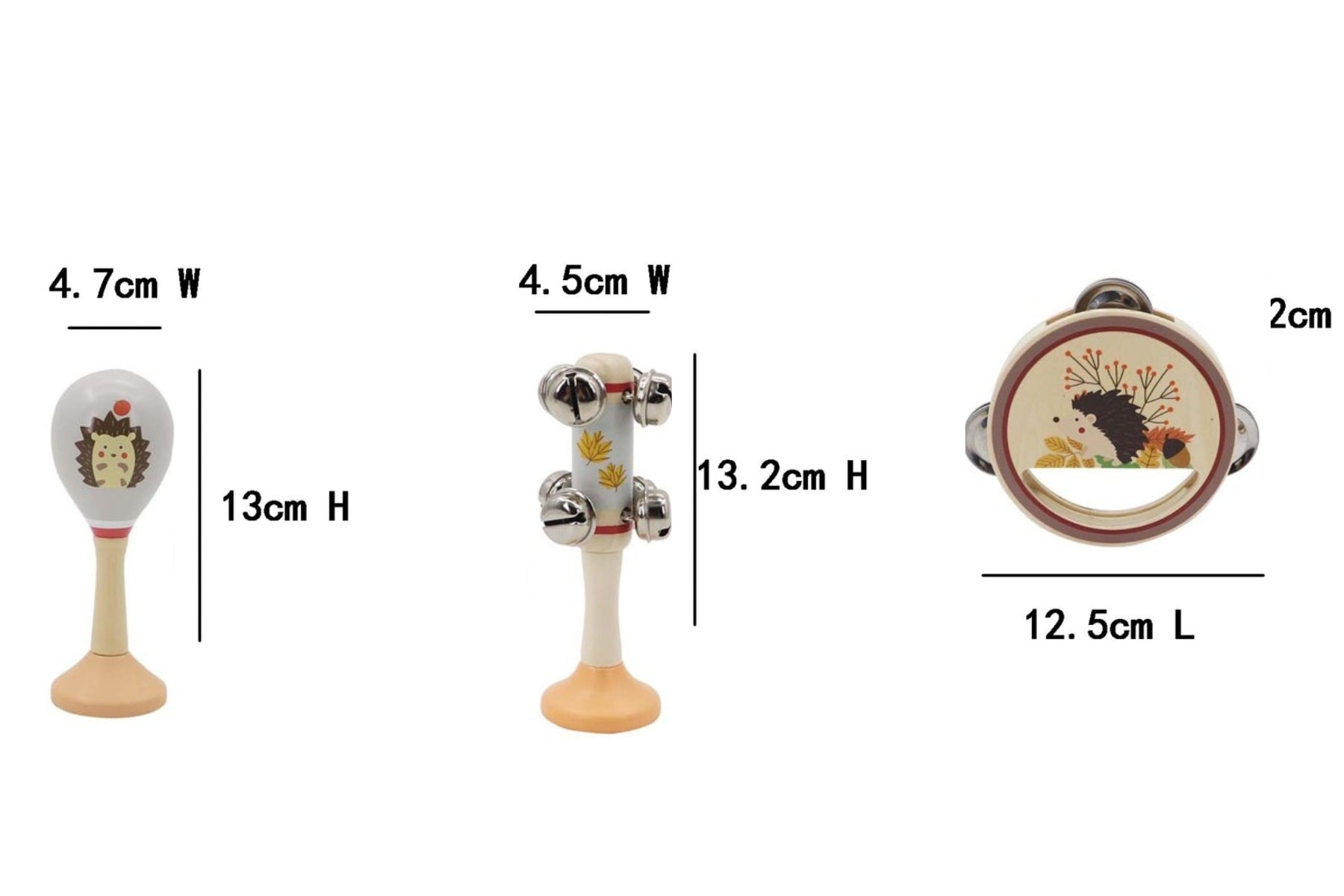 Hedgehog-themed wooden 3-piece musical set for childrens creative play at home.