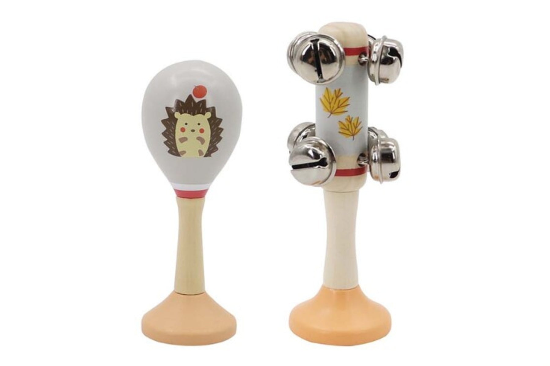 Hedgehog-themed wooden maraca and bell stick set for musical fun and learning at home.