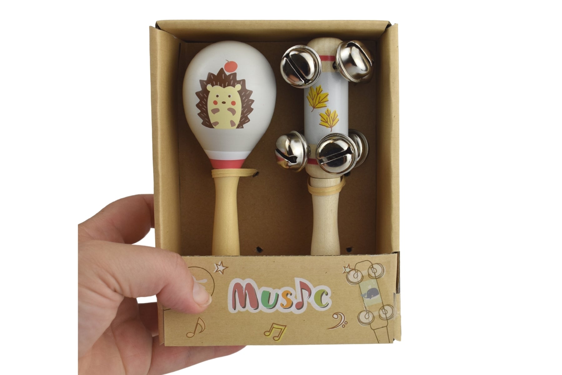 Hedgehog wooden maraca and bell stick set, perfect sensory toys for kids to play.