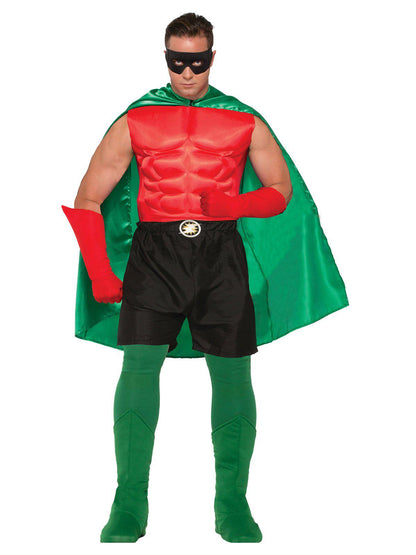 Green satin hero cape for adults, perfect for costume parties and imaginative play.