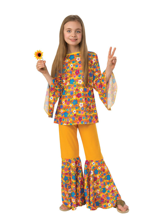 Kids Hippie Girl Costume | Flower-patterned tunic and wide-leg pants for dress-up play.