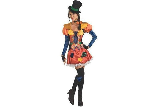 Colorful hobo clown costume for women, perfect for a fun Halloween night at home.