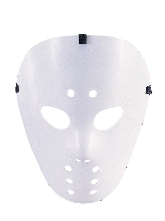 White hockey mask resembling Jason Voorhees for spooky Halloween costumes, perfect for kids at home.