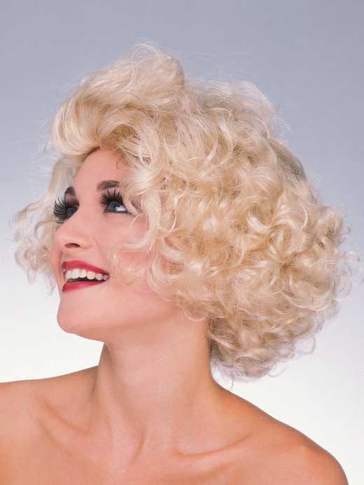 Blonde curly wig resembling Marilyn Monroe for adults, perfect for dress-up and costume parties.