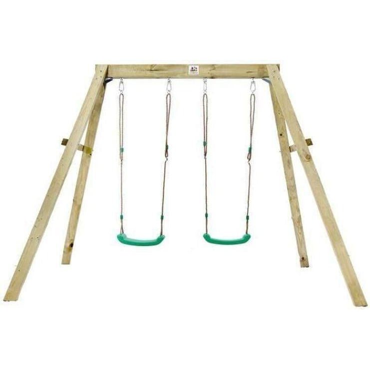 Wooden double swingset for outdoor play by Lifespan Kids, providing hours of fun for kids.