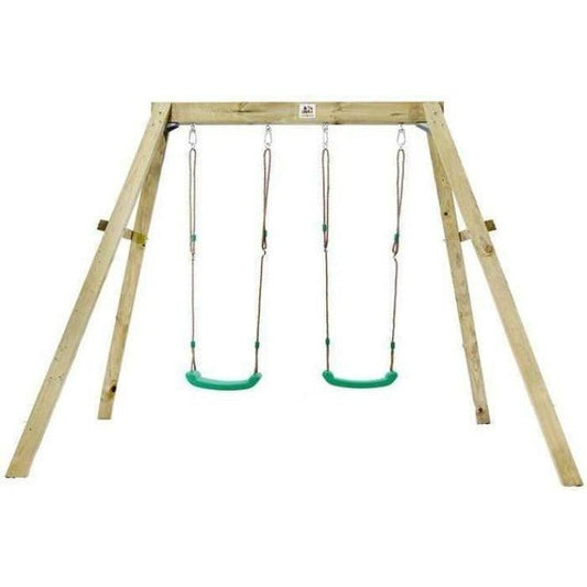 Wooden double swingset for outdoor play by Lifespan Kids, providing hours of fun for kids.