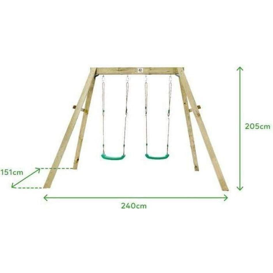 Wooden double swingset for outdoor play by Lifespan Kids, perfect for childrens backyard fun.