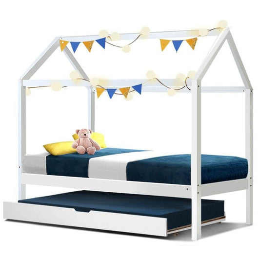 Holy Kids House Bed with Trundle in White, perfect for sleepovers and saving space.