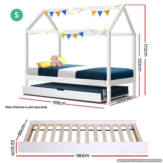 Single size white house bed with trundle, perfect for childrens sleepovers and playtime.