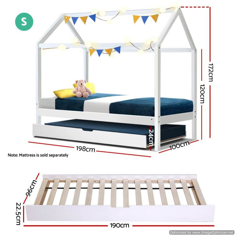 Measurements Holy Kids Wooden Single Size House Bed Frame with Trundle White