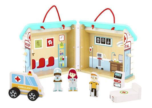 Colorful hospital playset in carry box for imaginative home play, perfect for kids role-playing.