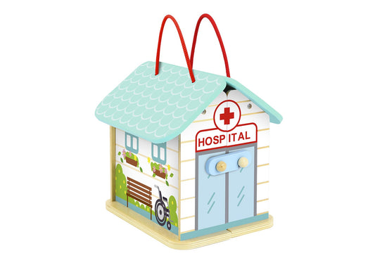 Portable hospital playset for imaginative role play, complete with carry box for storage.