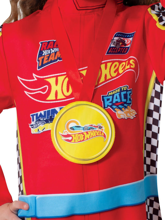 Kids Hot Wheels racing jumpsuit costume with cap and medal for imaginative play at home.