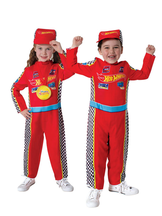 Kids Hot Wheels Racing Jumpsuit Costume with Cap and Medal - perfect for imaginative play.