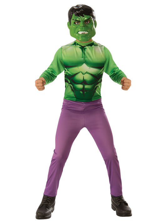 Kids Marvel Hulk muscle costume with mask for playtime adventures at home. 