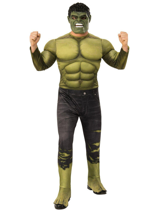 Hulk adult Infinity War costume with jumpsuit and mask for superhero pretend play.