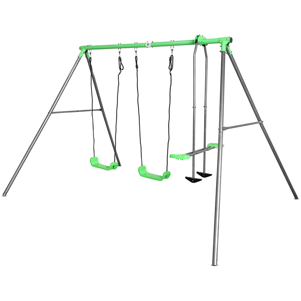 Hurley 3 Station Metal Swing Set for backyard fun with swings, glider, and durable frame.