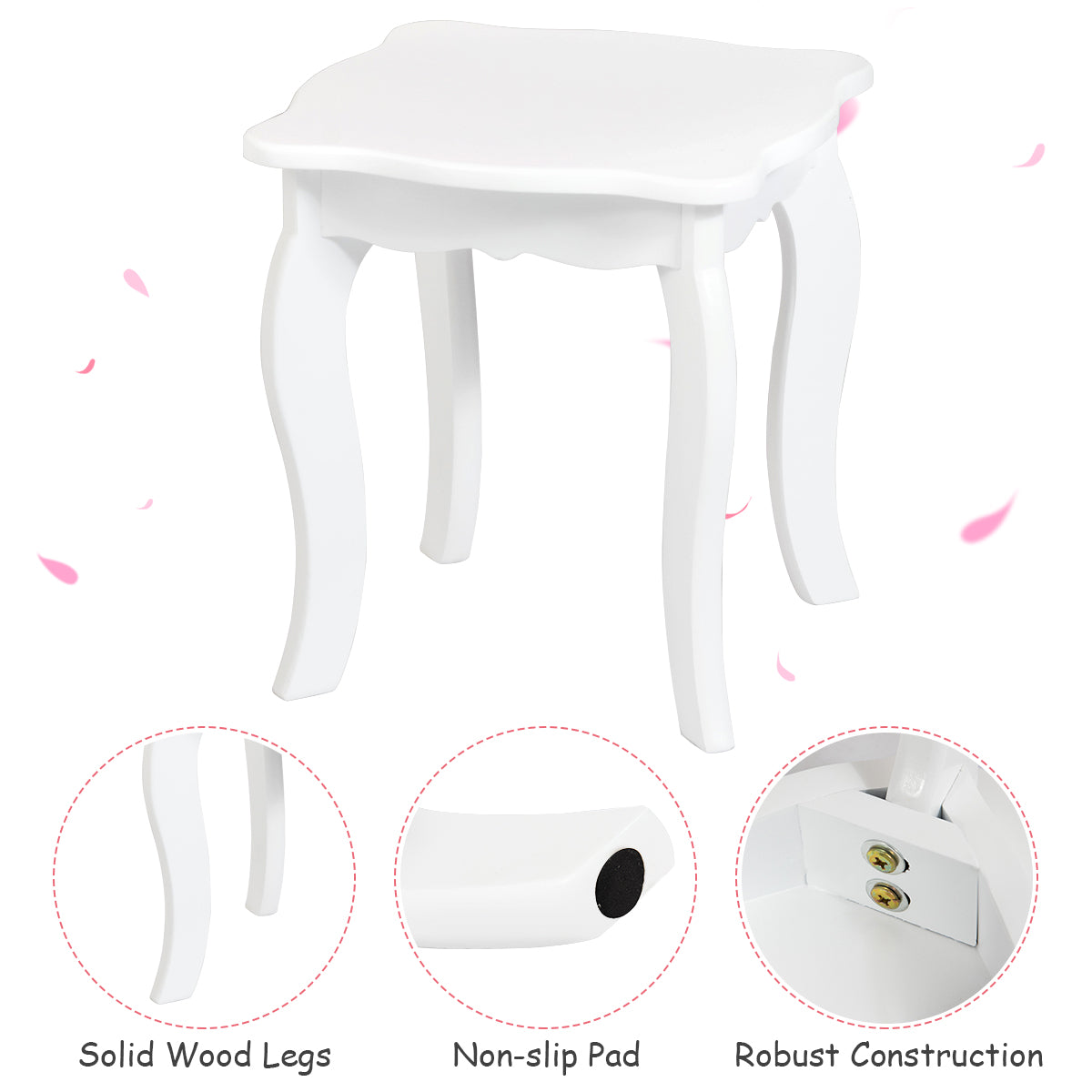 White wooden vanity set with mirror and stool for kids bedroom grooming.