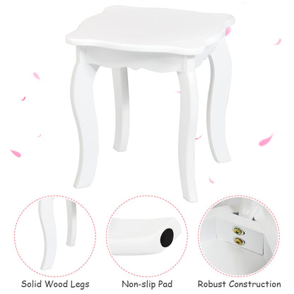 White wooden vanity set with mirror and stool for kids bedroom grooming.