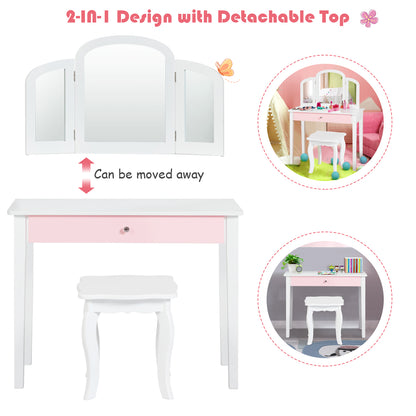 Kids white wooden vanity table set with mirror and stool for stylish pretend play.