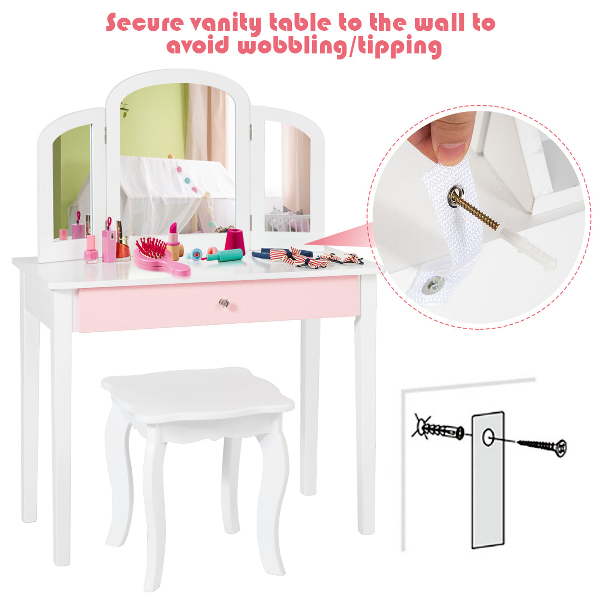 White wooden kids vanity set with mirror and stool for imaginative play and grooming.