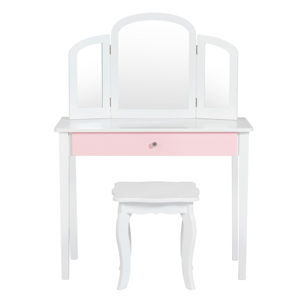 White vanity set for kids with mirror and stool, ideal for play and grooming fun.