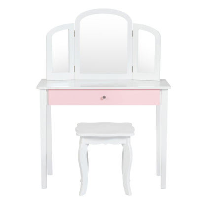 White vanity set for kids with mirror and stool, ideal for play and grooming fun.