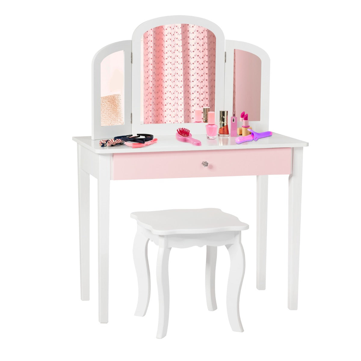 White wooden vanity set with mirror and stool for kids home décor and playtime.