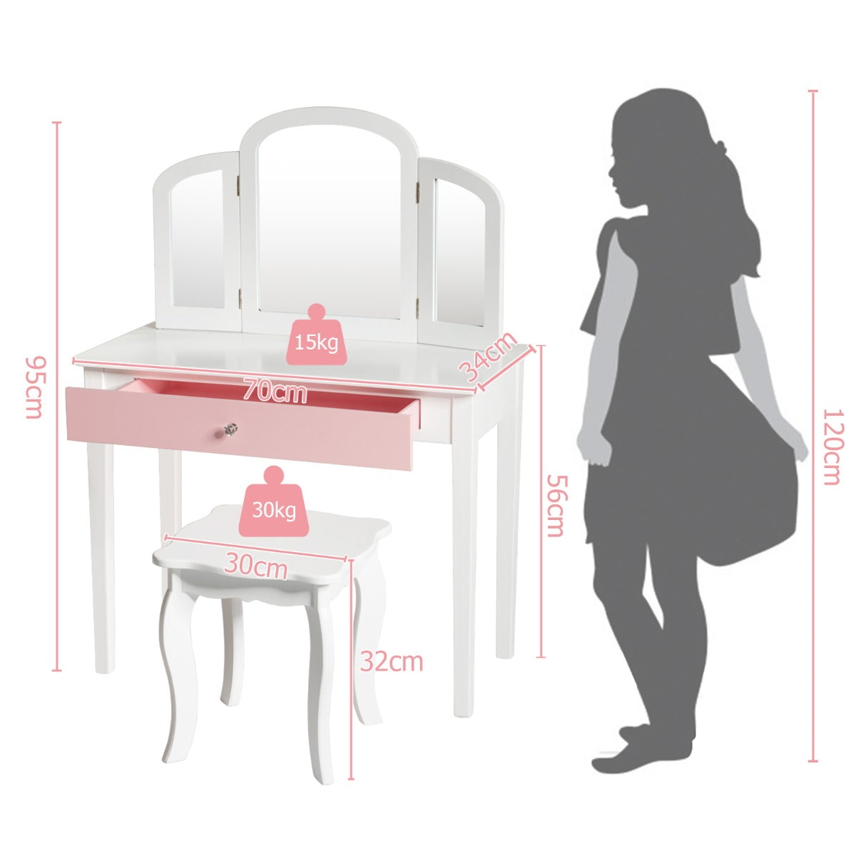 Kids vanity table set with mirror and stool in white, perfect for dress-up and play.