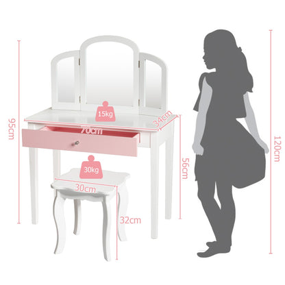 Kids vanity table set with mirror and stool in white, perfect for dress-up and play.