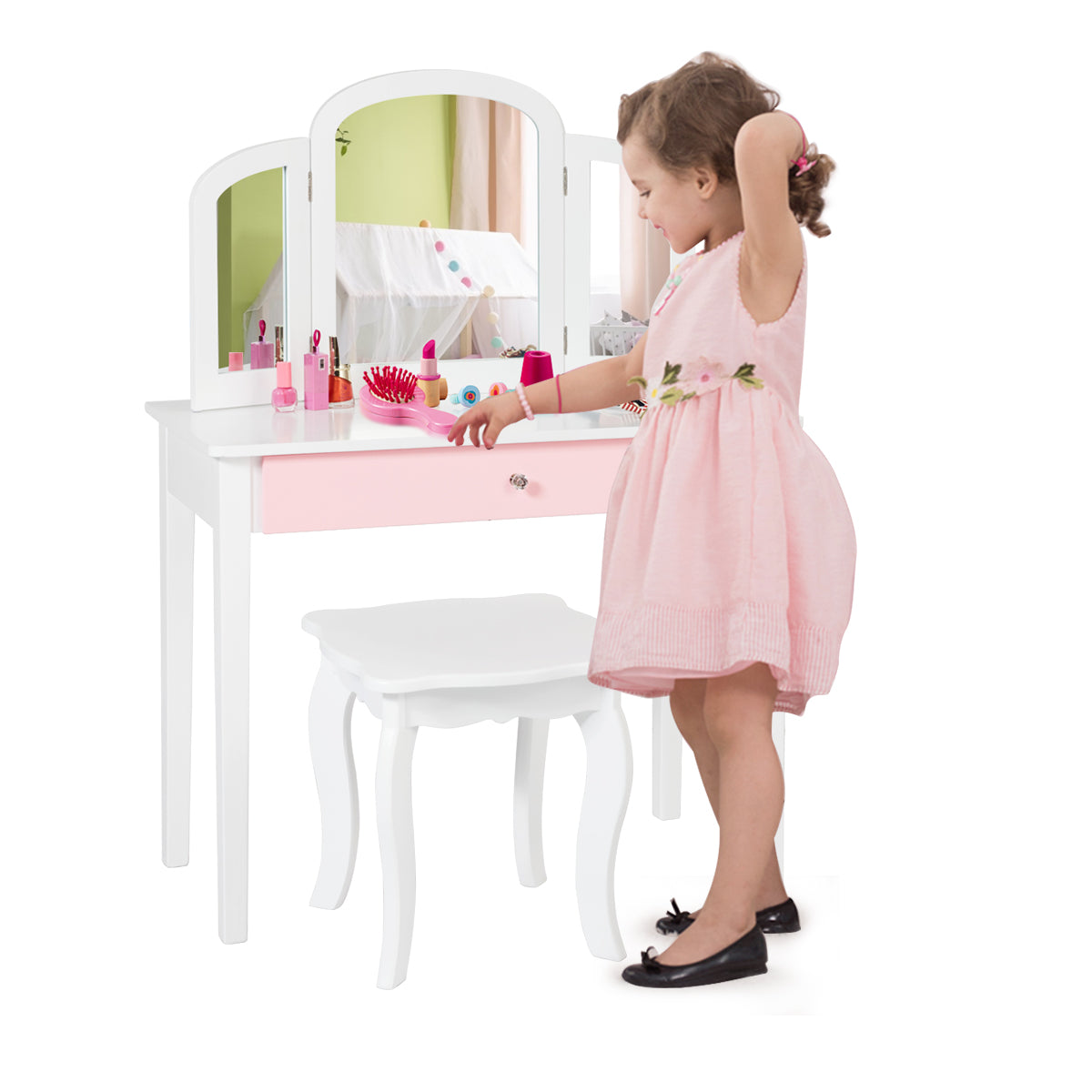 White wooden vanity table set with mirror and stool for childrens play and grooming.