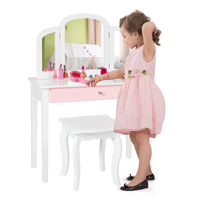 White wooden vanity table set with mirror and stool for childrens play and grooming.