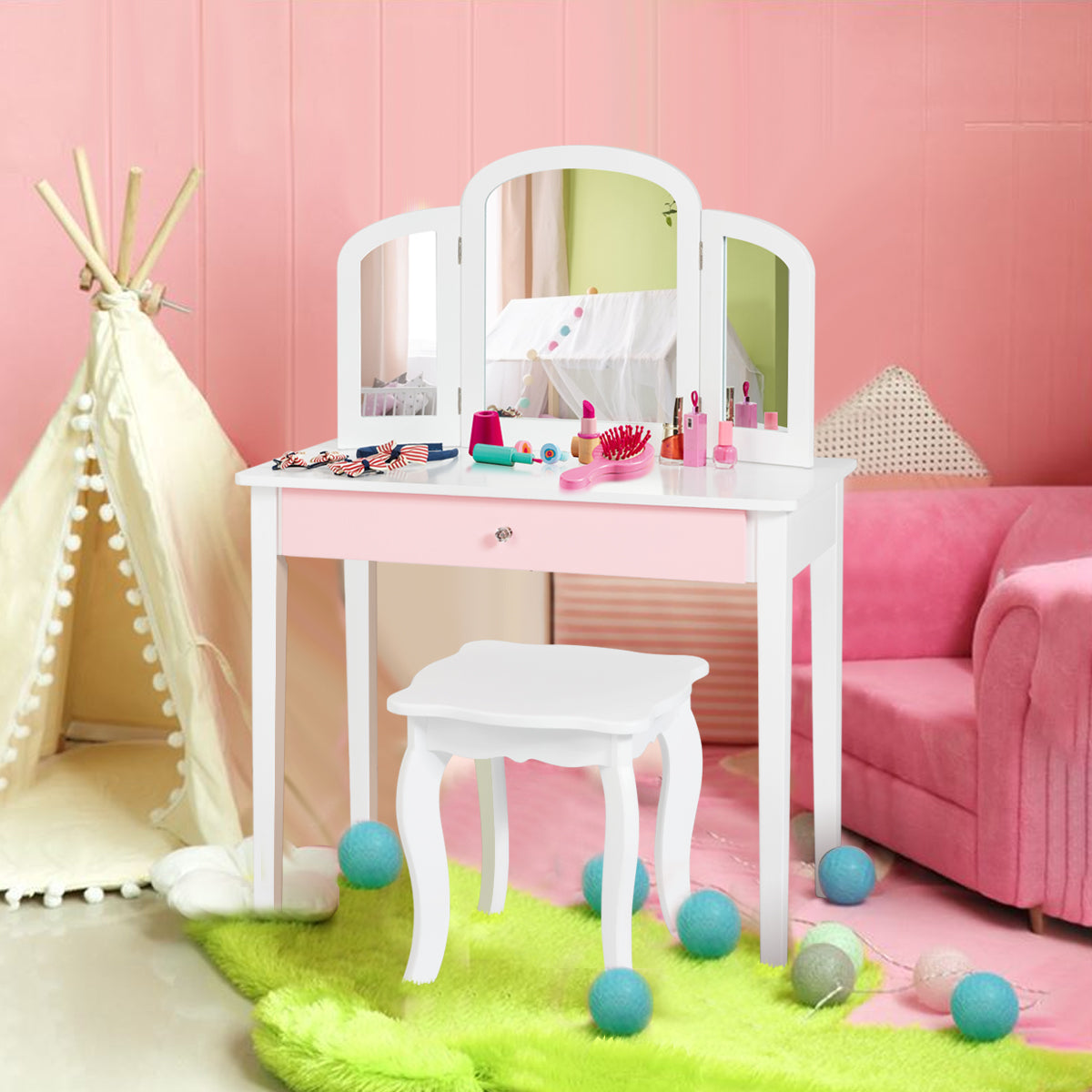 White wooden kids vanity table with mirror and stool for creative play and self-care.