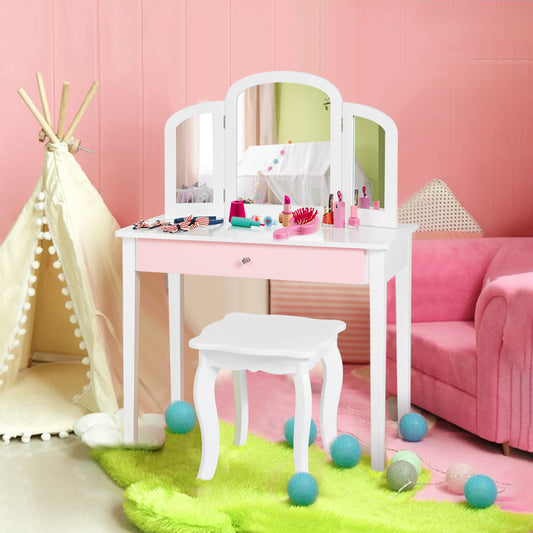 White wooden kids vanity table with mirror and stool for creative play and self-care.