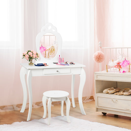 White princess vanity set with mirror and drawer, ideal for kids imaginative play.