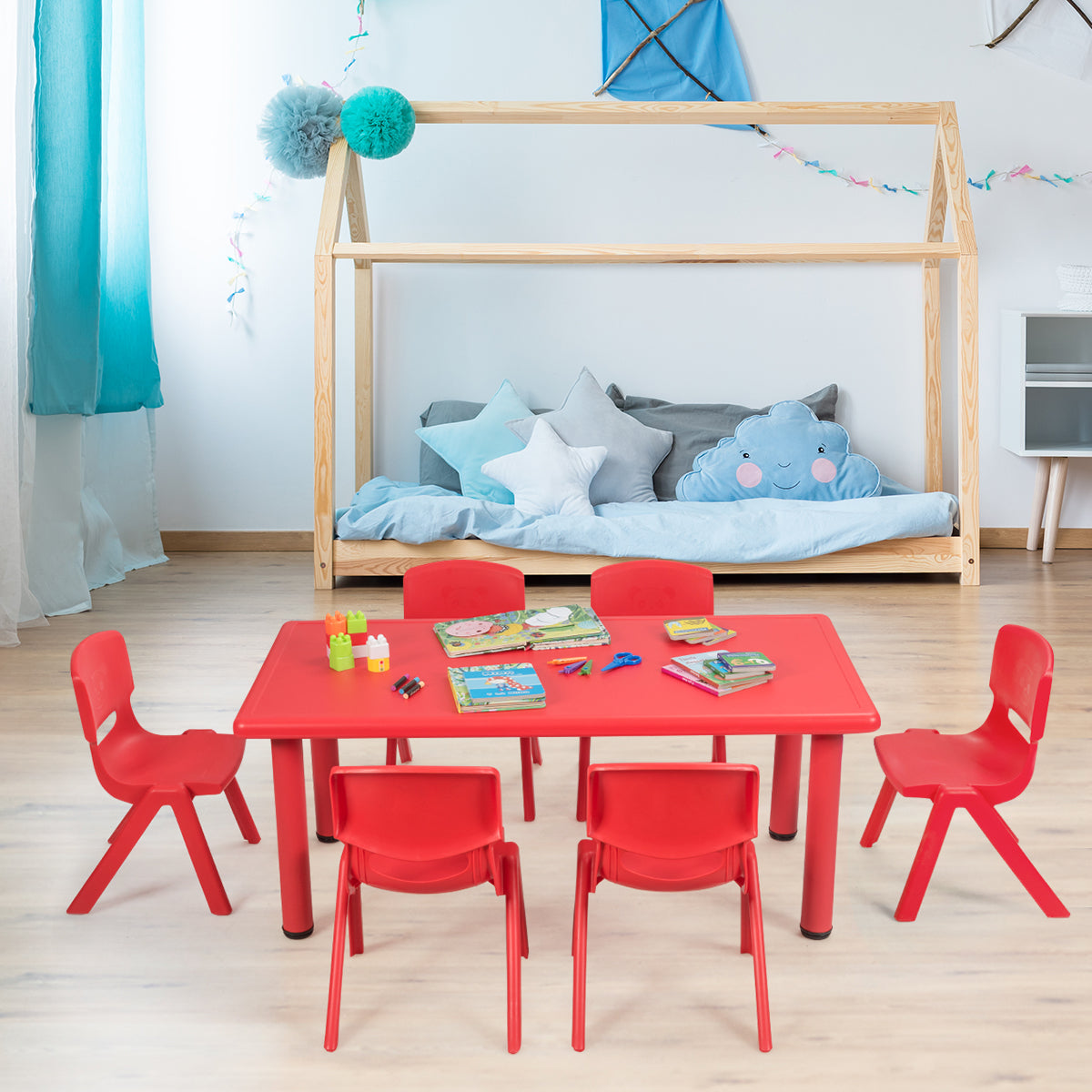 Vibrant kids table set for reading and playtime, with 6 charming chairs included.