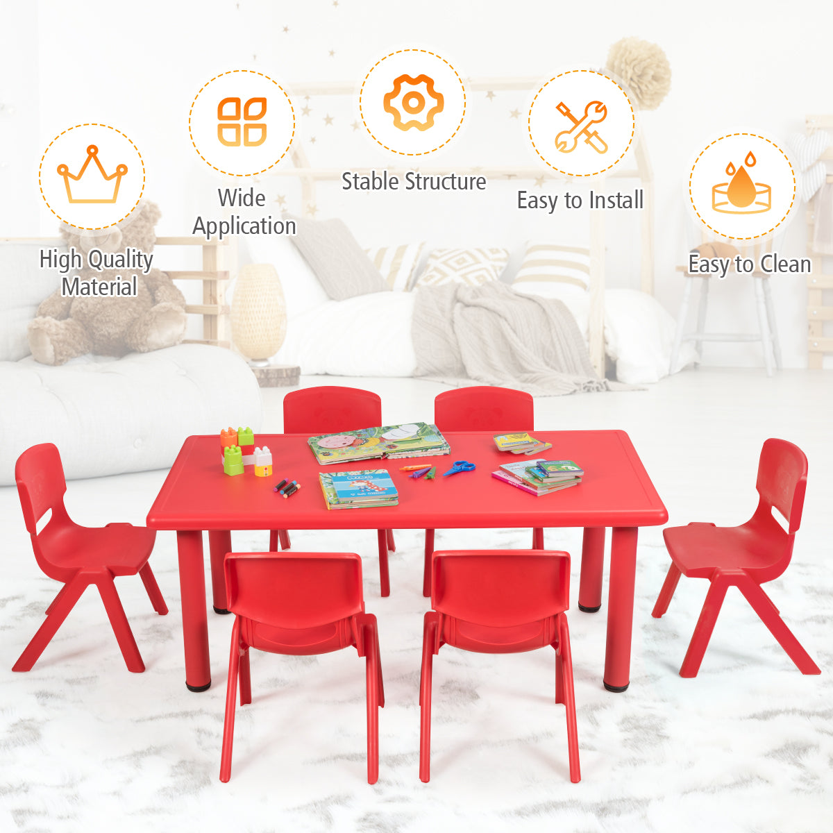 Colorful kids table and chairs set ideal for reading and playtime activities at home.