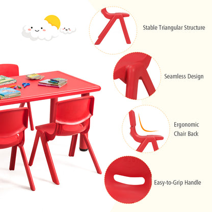 Kids colorful 7-piece table and chair set for learning and play activities at home.