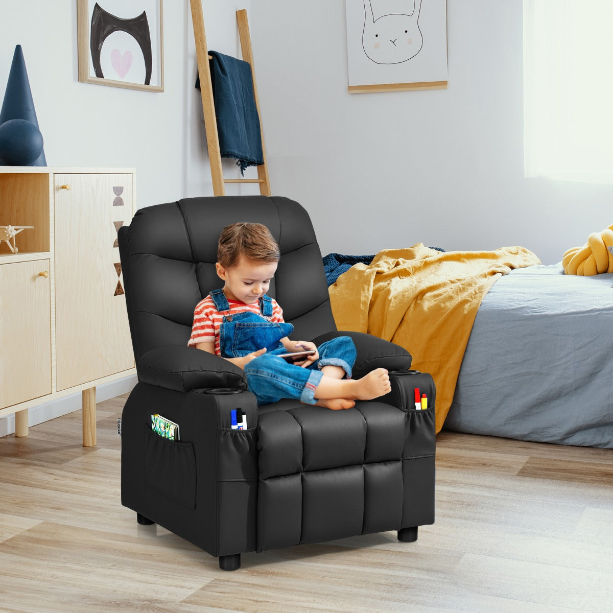 Kids recliner chair with cup holder for cozy and comfortable lounge time.