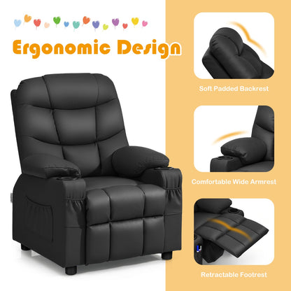 Kids PU leather recliner chair with cup holder for comfortable home seating.