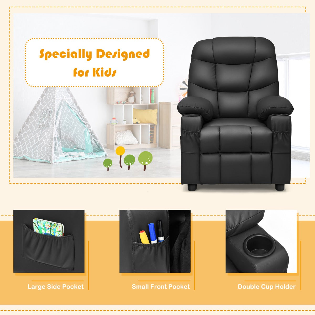 Kids PU leather recliner chair with cup holder for cozy home seating comfort.