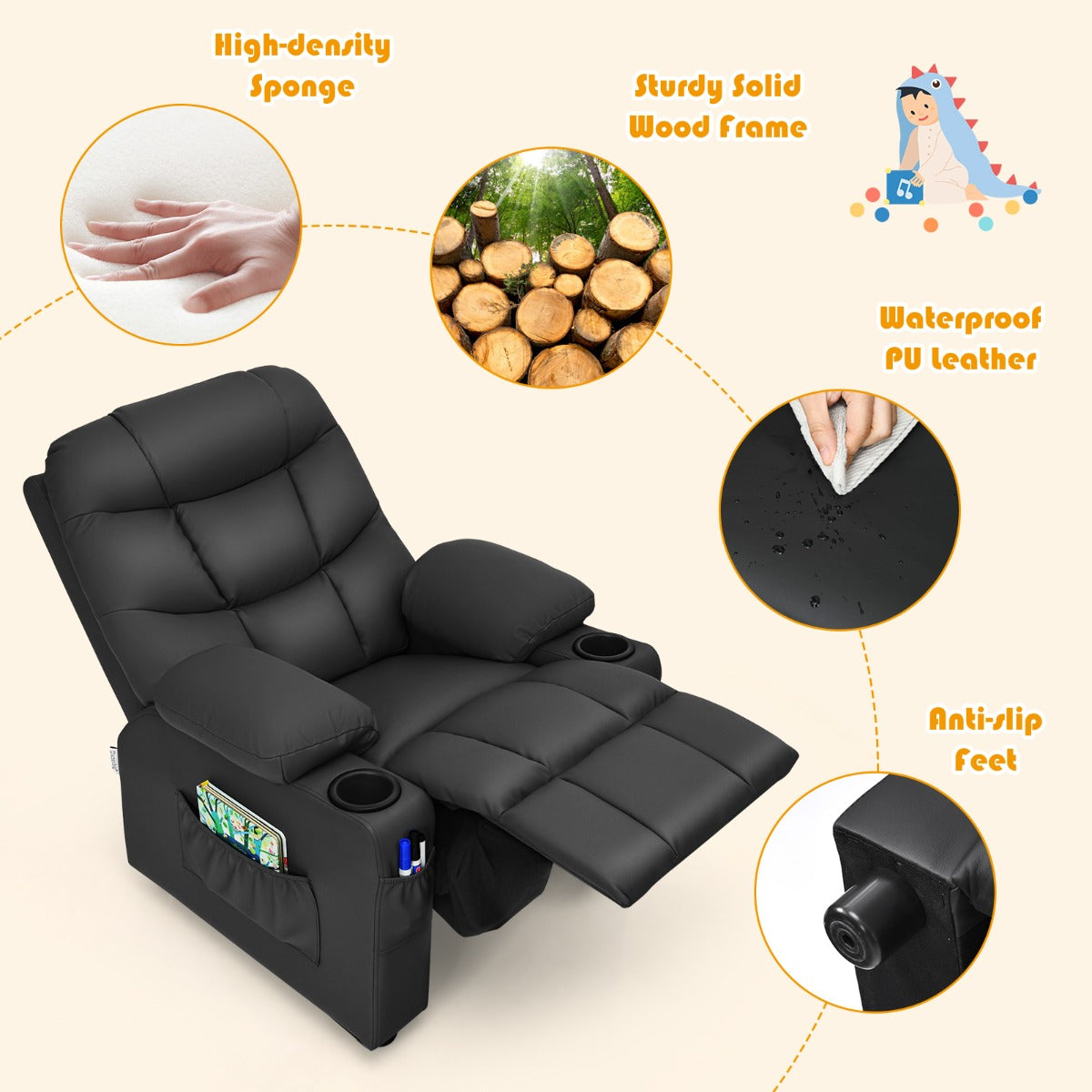 Kids PU Leather Recliner Chair with Cup Holder for cozy lounging and relaxation.