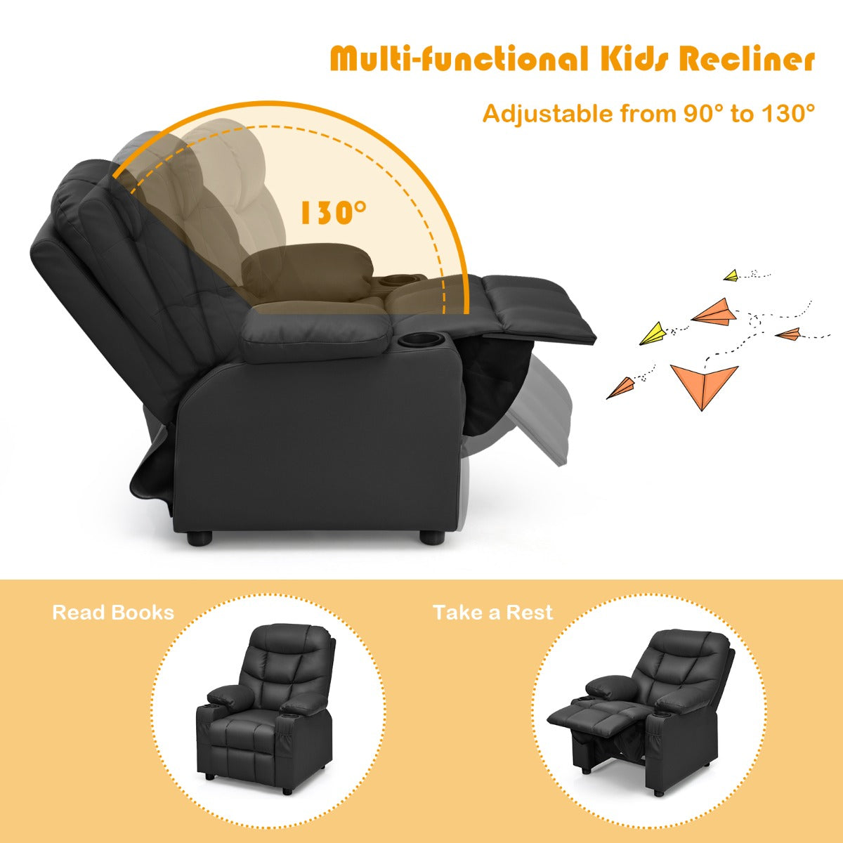 Child-sized recliner chair with cup holder for ultimate comfort and convenience at home.