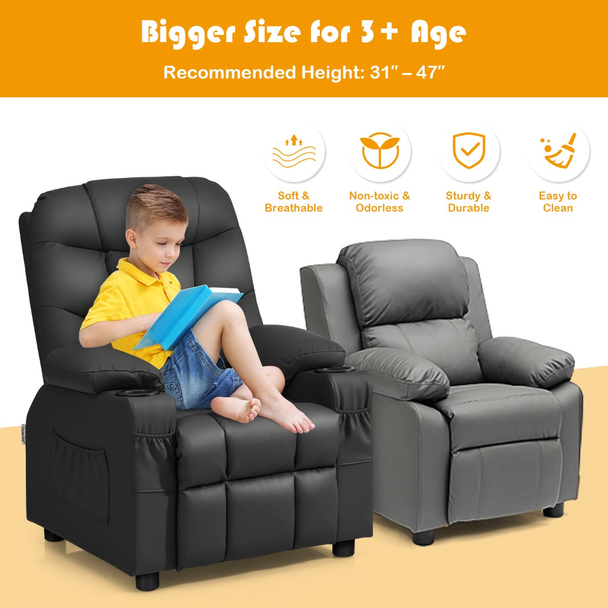 Kids PU leather recliner chair with cup holder for cozy and stylish lounging.