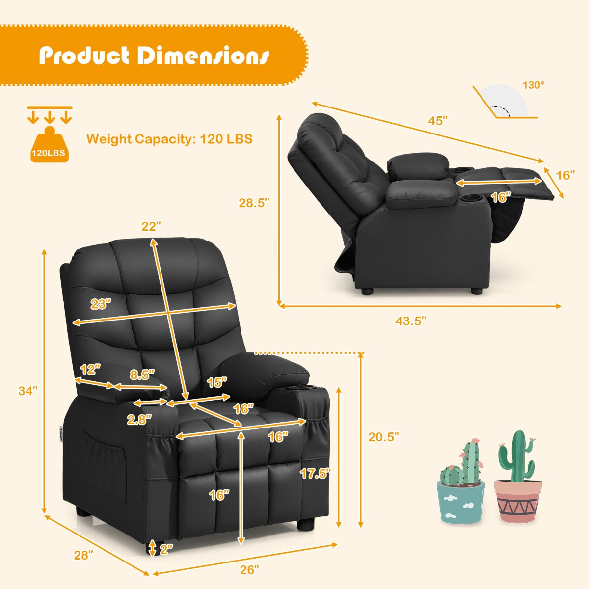 Kids PU leather recliner chair with cup holder for cozy lounging and playtime comfort.