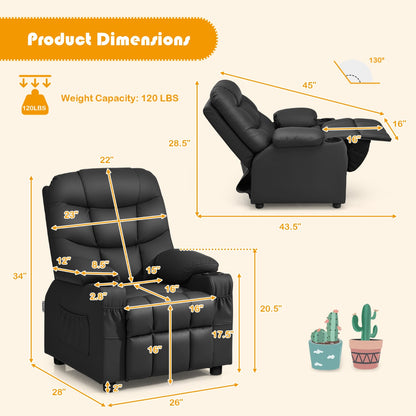 Kids PU leather recliner chair with cup holder for cozy lounging and playtime comfort.