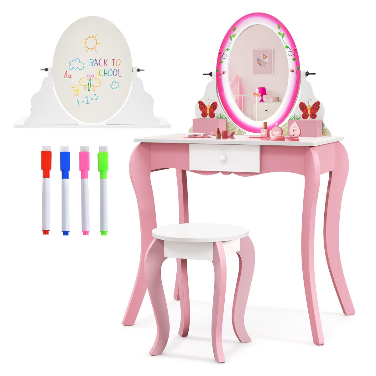 Kids vanity set with rotating mirror and whiteboard, perfect for pretend play and creativity.