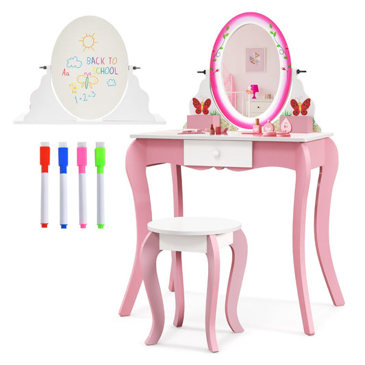 Kids vanity set with rotating mirror and whiteboard, perfect for pretend play and creativity.